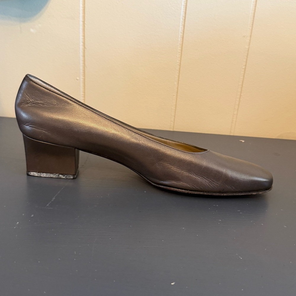 Vintage Salvatore Ferragamo Pewter Metallic Leather Block Heels Pumps Size 10 - Picture 4 of 10